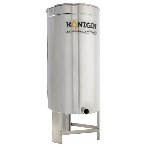 Stainless steel filling container with feet and agitator 150 l pinch tap