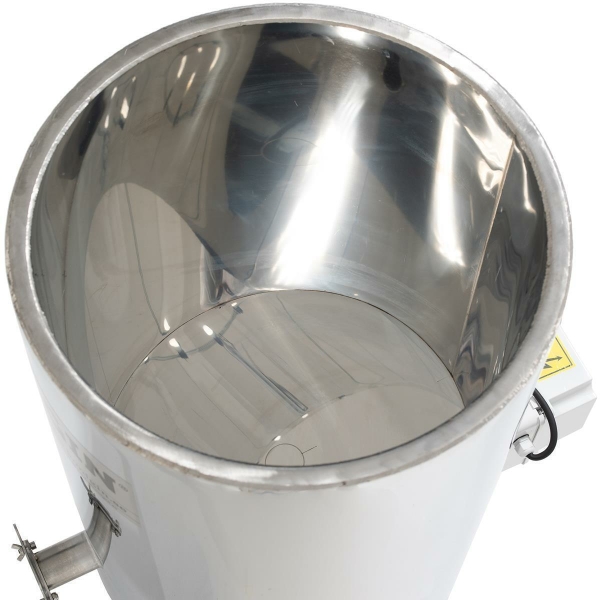 Stainless steel filling container with feet - heated and with agitator 200 l pinch tap